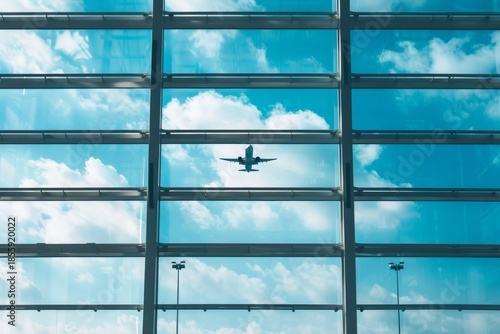 vibrant blue sky sets the scene for a plane taking off from the terminal.
