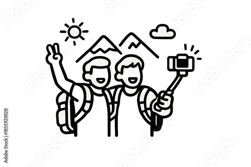 Two hikers taking a selfie with a selfie stick in the mountains