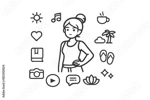 Woman surrounded by icons representing hobbies and interests