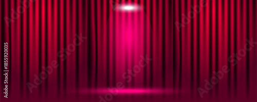 Red stage curtain and wooden floor realistic vector. Theater, opera scene drape backdrop, concert grand opening or cinema premiere backstage, portiere for ceremony performance template illustration