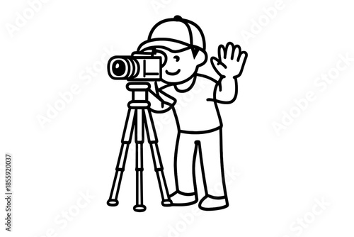 Cartoon photographer with camera on tripod waving