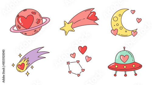 Celestial Hearts: A captivating illustration showcases a celestial theme of planets and comets, each adorned with a heart, creating a whimsical and romantic scene.