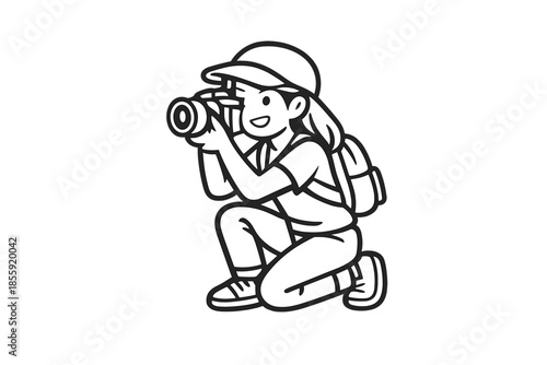 Cartoon photographer kneeling with camera