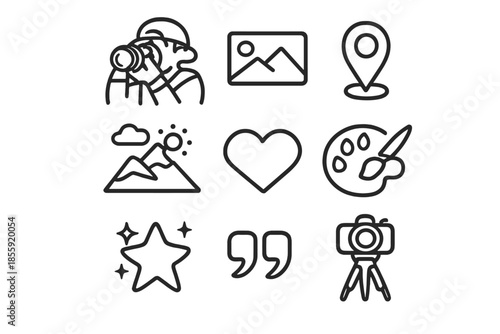 Set of 9 outline icons on a dark background