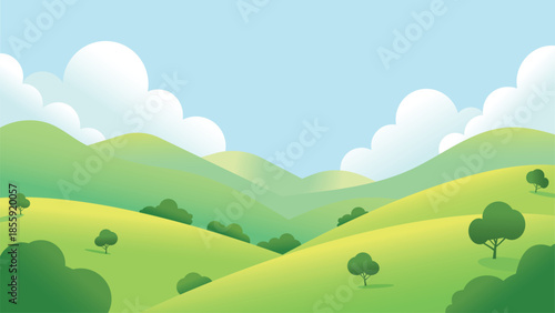 Cartoon green hills landscape with clouds and blue sky. Nature background, Vector illustration