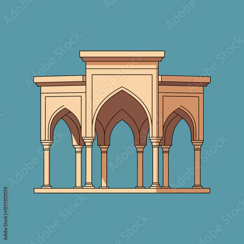 Ornate building with arches and columns, architectural illustration.