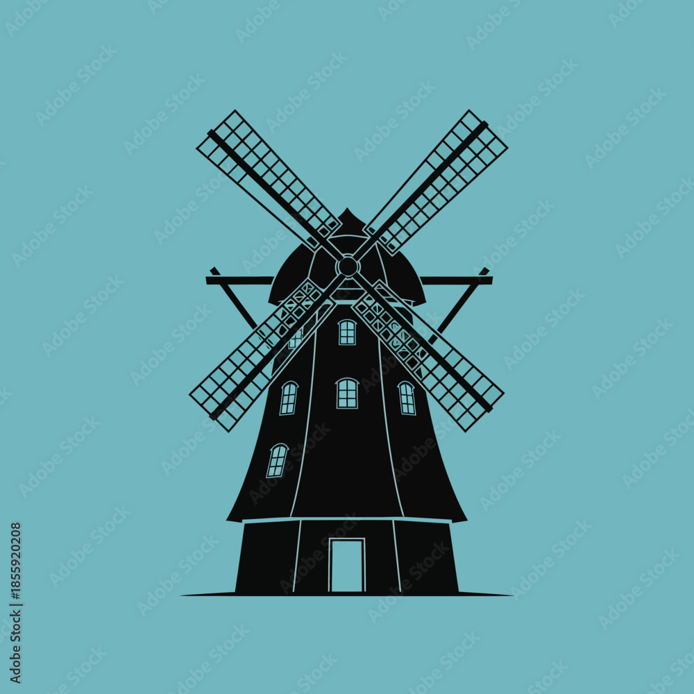 Fototapeta premium Black silhouette of a windmill with four sails against a blue background.