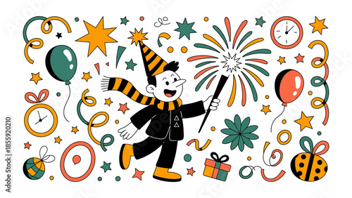 Festive Illustration: A joyful figure is surrounded by a vibrant collection of party elements. Dancing, reveling in the celebratory atmosphere with enthusiasm. 