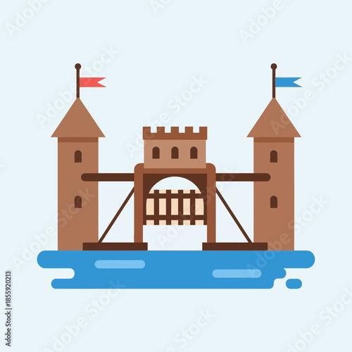 Castle with towers, bridge, and water.