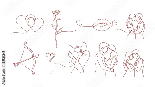 Love's Whispers: A collection of minimalist line art illustrations expressing the essence of love, featuring hearts, roses, lips, couples, and Cupid's bow, capturing romance and affection.