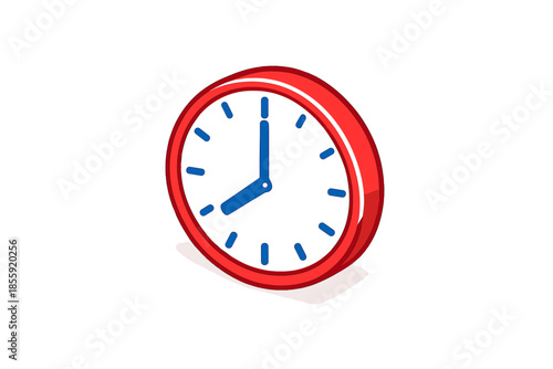 Red clock face with blue hands showing 8:00 on a gradient background