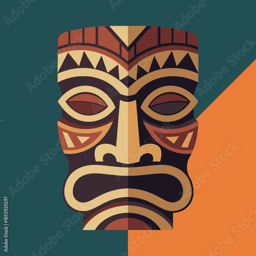 Stylized tribal mask with geometric patterns and bold colors.