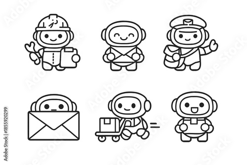 Cute Cartoon Robots Delivering Packages and Mail