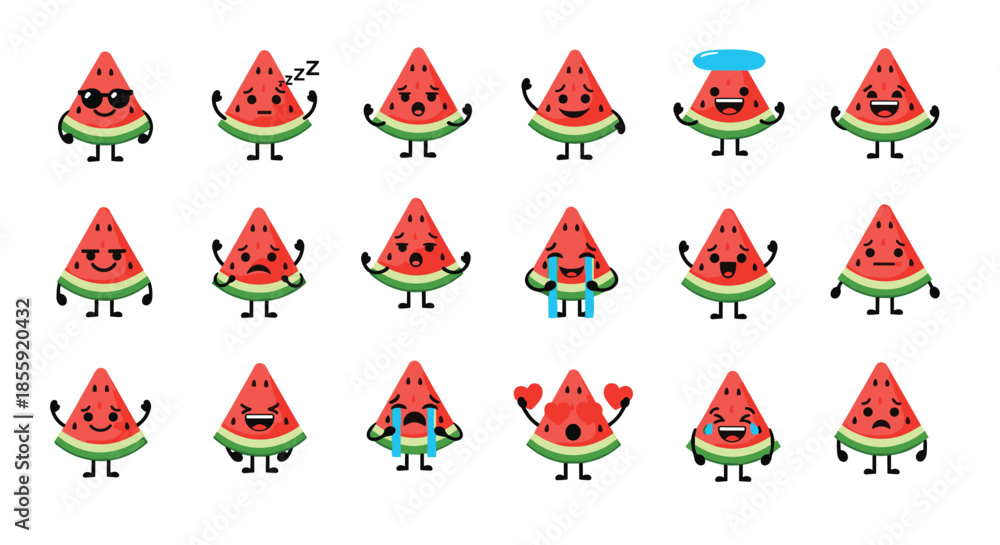 Fototapeta premium Cute set of watermelon slice cartoon characters showing a wide range of funny emotions and expressions for summer design.