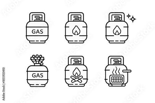 Set of 6 gas cylinder icons with different symbols