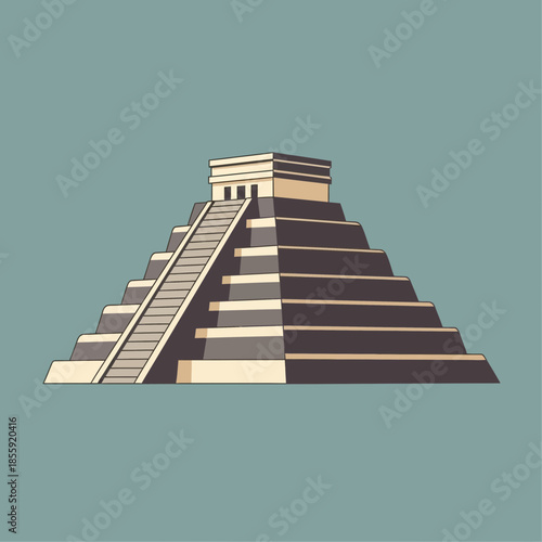 Stylized stepped pyramid with a central staircase and top structure.