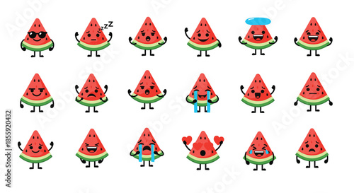 Cute set of watermelon slice cartoon characters showing a wide range of funny emotions and expressions for summer design.