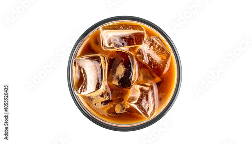 Overhead shot of a coffee beverage with large ice cubes, against a stark black background