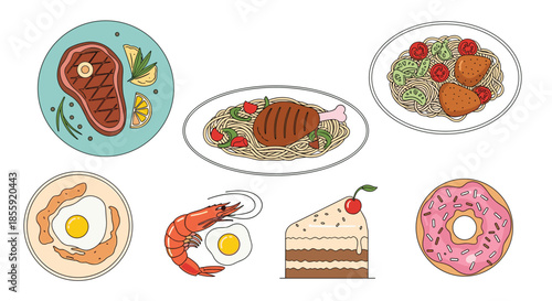Set of various food icons in a simple line art style including steak pasta eggs cake donut and shrimp for a restaurant menu.