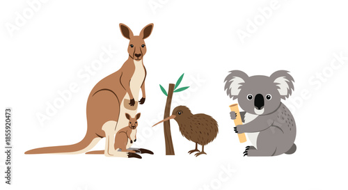 Collection of iconic Australian animals including a kangaroo with a joey a koala bear and a kiwi bird in a cute style.