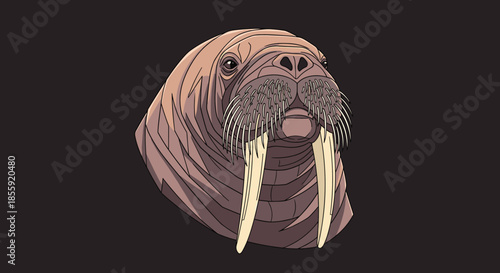 Detailed portrait illustration of a walrus head with large tusks and whiskers on a solid dark background for wildlife art.