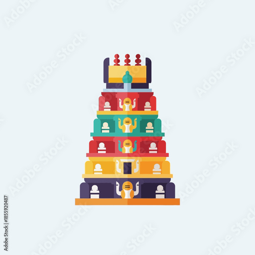 Stylized temple tower with colorful tiers and figures.