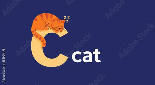 Cute orange tabby cat sleeping peacefully on top of a large yellow letter C representing the first letter of its name on a solid blue background.