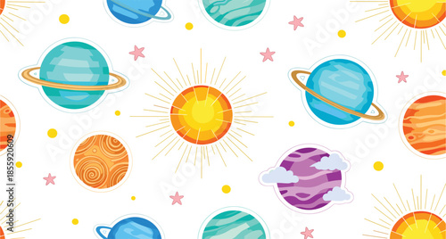 Seamless cartoon solar system pattern with colorful planets sun and stars playful space illustration for kids wallpaper background design