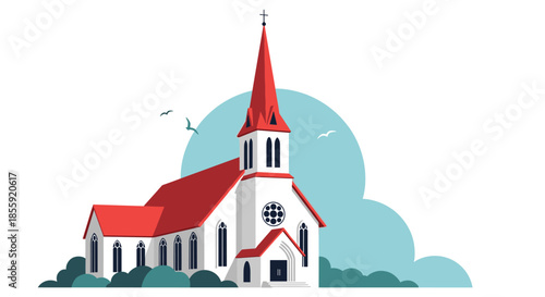 A peaceful and classic illustration of a traditional white church with a tall red steeple set against a soft blue sky background.