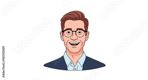 A cheerful and friendly cartoon portrait of a handsome young man with brown hair and stylish glasses smiling broadly at the camera.