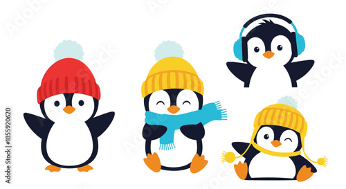 A charming collection of four cute cartoon penguins dressed in colorful winter hats scarves and earmuffs for the cold season.