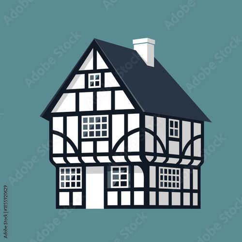 Half-timbered house with dark roof and white chimney.