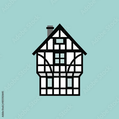 Stylized timber-framed house with a chimney and windows.