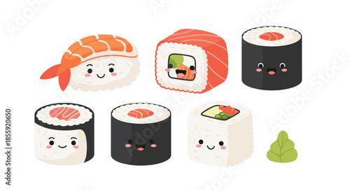 An adorable set of cute kawaii sushi and sashimi characters with happy smiling faces perfect for Japanese food lovers.