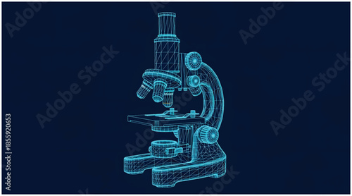 Futuristic wireframe microscope for advanced scientific research and technological innovation. Vector wireframe illustration.