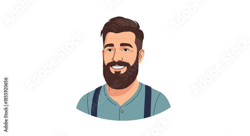 A friendly and handsome cartoon portrait of a smiling man with a stylish haircut a full beard and suspenders over his shirt.