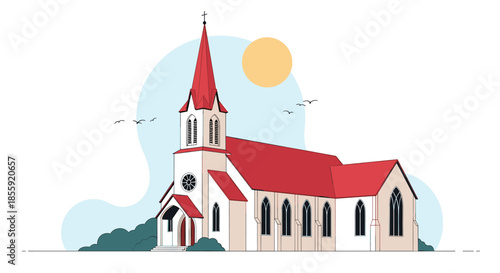 A serene and detailed illustration of a traditional christian church with a red roof and steeple under a bright yellow sun.