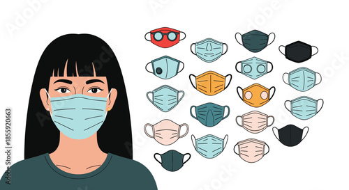 An illustration of a woman wearing a protective face mask with a large collection of different mask designs shown next to her.