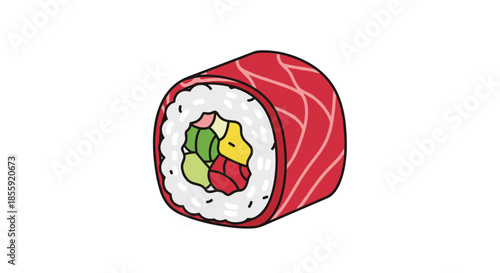 A detailed and delicious-looking illustration of a single Japanese sushi roll filled with fresh vegetables and wrapped in pink tuna.