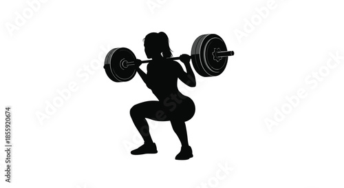 A powerful black silhouette of a fit woman performing a heavy barbell squat exercise for strength and muscle training in a gym.