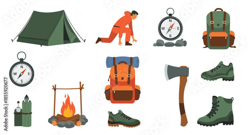 A comprehensive set of essential items and equipment for camping hiking and outdoor survival all shown in a flat illustration style.