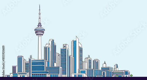 A modern and artistic hand-drawn sketch of a bustling city skyline with numerous skyscrapers and a prominent communication tower.