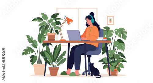 A cozy illustration of a young woman working or studying from home on her laptop surrounded by numerous green houseplants and her cat.