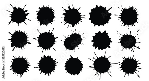 A versatile collection of fifteen black ink blots and paint splatters with various shapes and textures for grunge design projects.