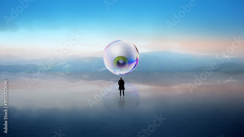 Φωτογραφία Graphic business mixed media with man in front of floating eye sphere