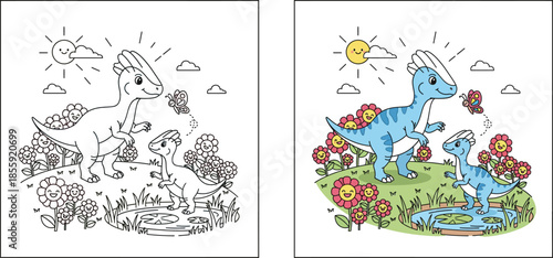 Cute Cartoon Blue Dinosaur Family in a Meadow with Smiling Flowers and Sun, Kids Illustration of Mother and Baby Parasaurolophus Playing near a Pond with a Butterfly