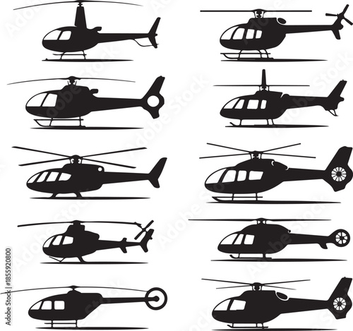 Collection of various helicopter silhouettes isolated on transparent background