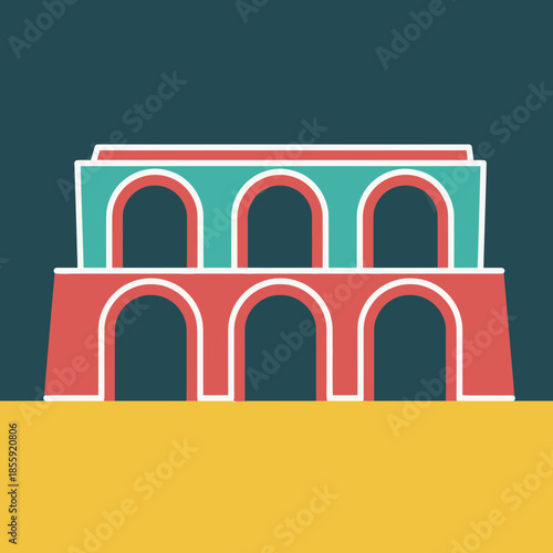 Stylized illustration of a multi-level aqueduct with arches.