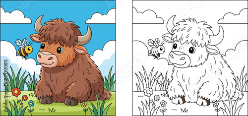Cute Cartoon Yak sitting in a Green Field with a Bumblebee and Flowers, Kids Illustration of a Friendly Fluffy Highland Cow on a Sunny Day with Blue Sky Background