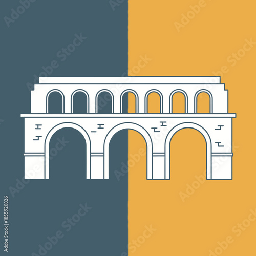 White line art of an aqueduct with arches.